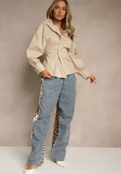 Beżowa Bawełniana Koszula Asymetrycznie Zapinana Zdobiona Wiązaniem w Talii Sanilsa