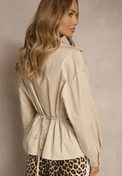 Beżowa Bawełniana Koszula Asymetrycznie Zapinana Zdobiona Wiązaniem w Talii Sanilsa