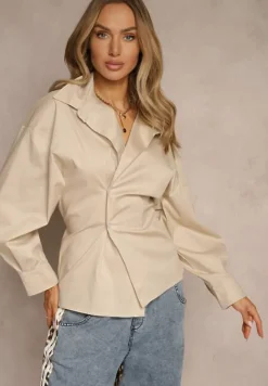 Beżowa Bawełniana Koszula Asymetrycznie Zapinana Zdobiona Wiązaniem w Talii Sanilsa