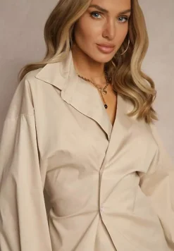 Beżowa Bawełniana Koszula Asymetrycznie Zapinana Zdobiona Wiązaniem w Talii Sanilsa