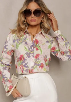 Beżowa Bawełniana Koszula na Guziki z Kwiatowym Nadrukiem Eripta