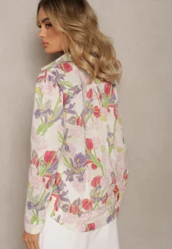 Beżowa Bawełniana Koszula na Guziki z Kwiatowym Nadrukiem Eripta