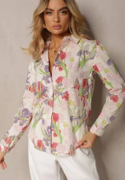 Beżowa Bawełniana Koszula na Guziki z Kwiatowym Nadrukiem Eripta