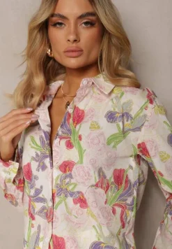 Beżowa Bawełniana Koszula na Guziki z Kwiatowym Nadrukiem Eripta