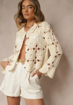 Beżowa Bawełniana Koszula w Stylu Boho z Ażurowej Tkaniny Baniria