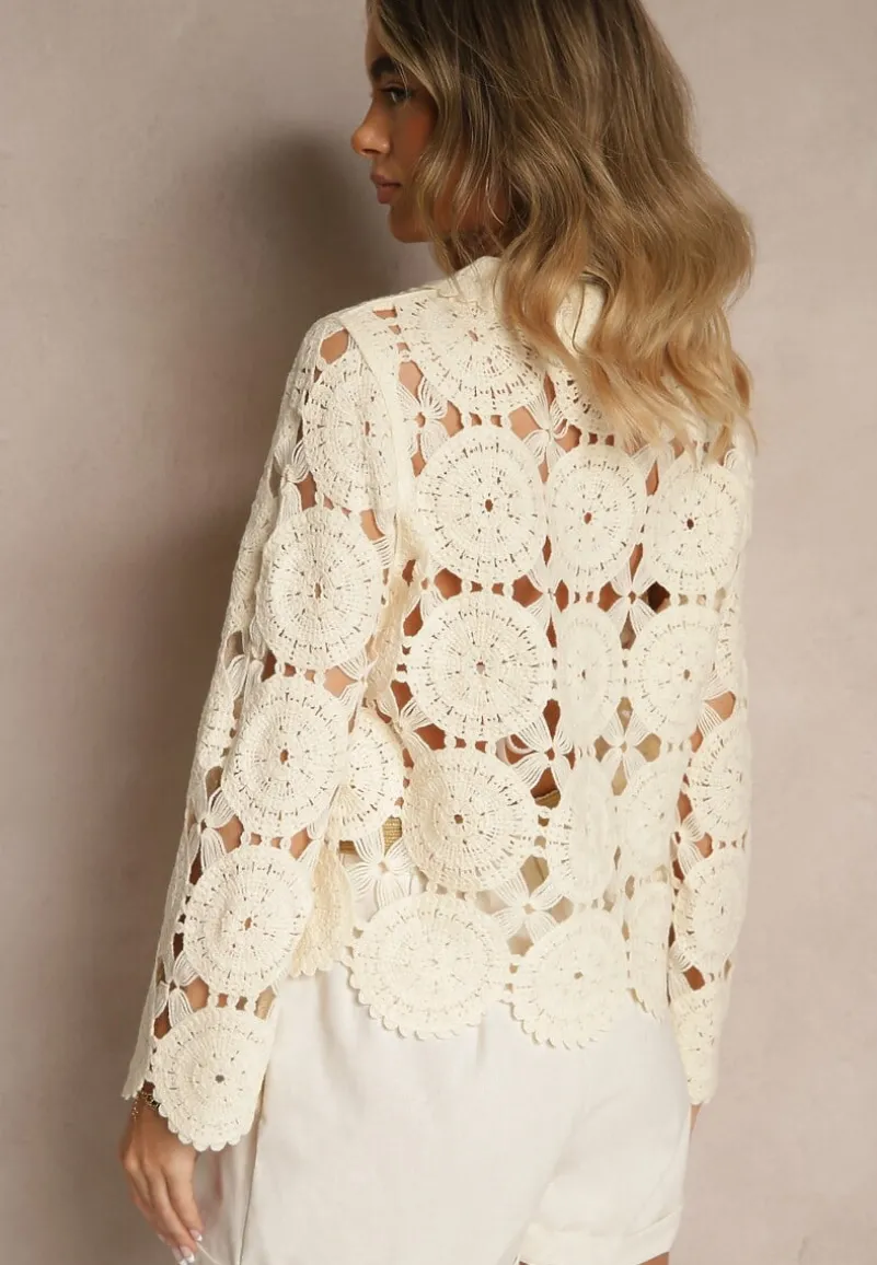 Beżowa Bawełniana Koszula w Stylu Boho z Ażurowej Tkaniny Baniria