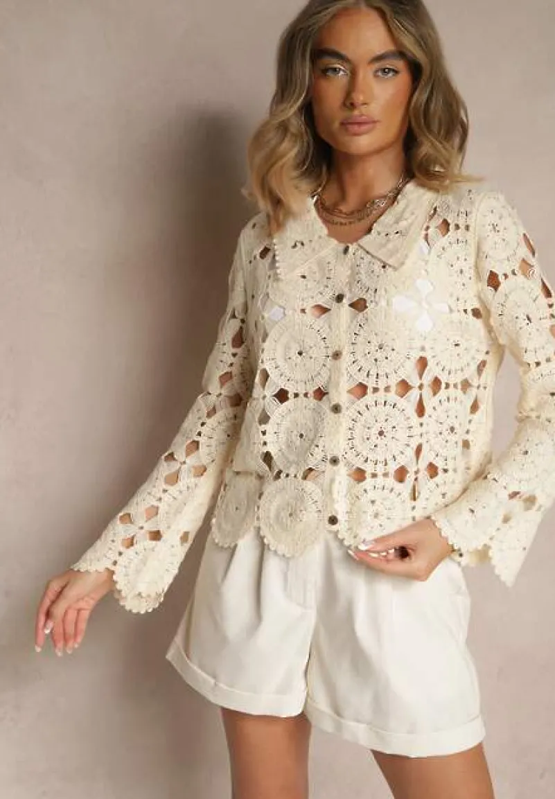 Beżowa Bawełniana Koszula w Stylu Boho z Ażurowej Tkaniny Baniria