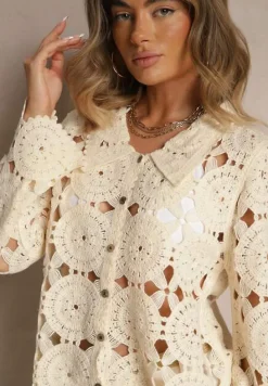 Beżowa Bawełniana Koszula w Stylu Boho z Ażurowej Tkaniny Baniria