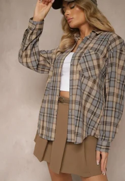 Beżowa Bawełniana Koszula w Kratę z Pojedynczą Kieszonką Annisen