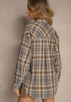 Beżowa Bawełniana Koszula w Kratę z Pojedynczą Kieszonką Annisen