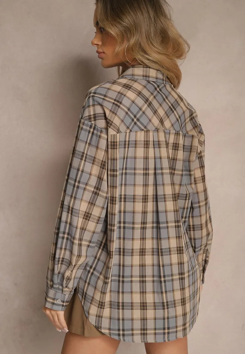 Beżowa Bawełniana Koszula w Kratę z Pojedynczą Kieszonką Annisen