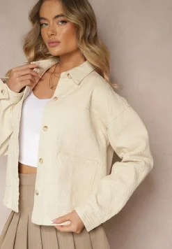 Beżowa Bawełniana Kurtka o Koszulowym Kroju z Kieszeniami i Tłoczeniem Leliora