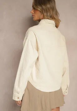 Beżowa Bawełniana Kurtka o Koszulowym Kroju z Kieszeniami i Tłoczeniem Leliora