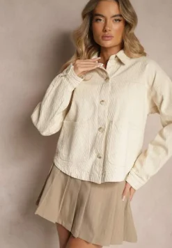 Beżowa Bawełniana Kurtka o Koszulowym Kroju z Kieszeniami i Tłoczeniem Leliora