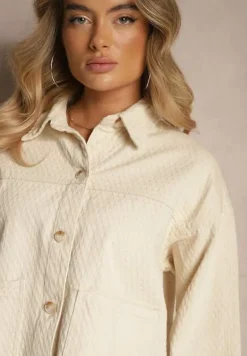 Beżowa Bawełniana Kurtka o Koszulowym Kroju z Kieszeniami i Tłoczeniem Leliora