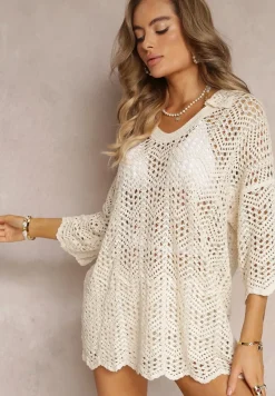 Beżowa Bawełniana Narzutka Szydełkowa z Trójkątnym Dekoltem Eonsolata