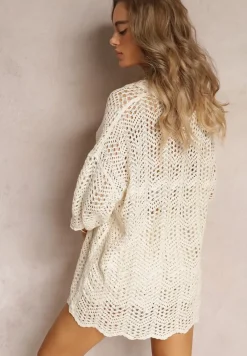 Beżowa Bawełniana Narzutka Szydełkowa z Trójkątnym Dekoltem Eonsolata