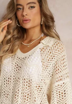 Beżowa Bawełniana Narzutka Szydełkowa z Trójkątnym Dekoltem Eonsolata