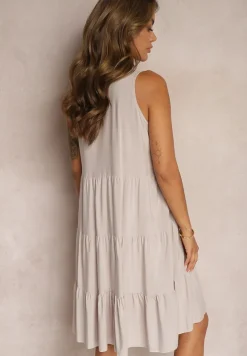 Beżowa Bawełniana Sukienka o Rozkloszowanym Kroju Bez Rękawów Gladea