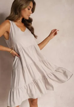 Beżowa Bawełniana Sukienka o Rozkloszowanym Kroju Bez Rękawów Gladea