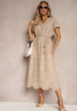Beżowa Bawełniana Sukienka o Haftowanym Wykończeniu z Materiałowym Paskiem w Talii Dimla