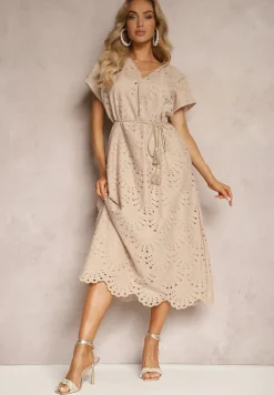 Beżowa Bawełniana Sukienka o Haftowanym Wykończeniu z Materiałowym Paskiem w Talii Dimla