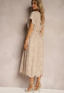 Beżowa Bawełniana Sukienka o Haftowanym Wykończeniu z Materiałowym Paskiem w Talii Dimla