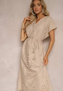 Beżowa Bawełniana Sukienka o Haftowanym Wykończeniu z Materiałowym Paskiem w Talii Dimla