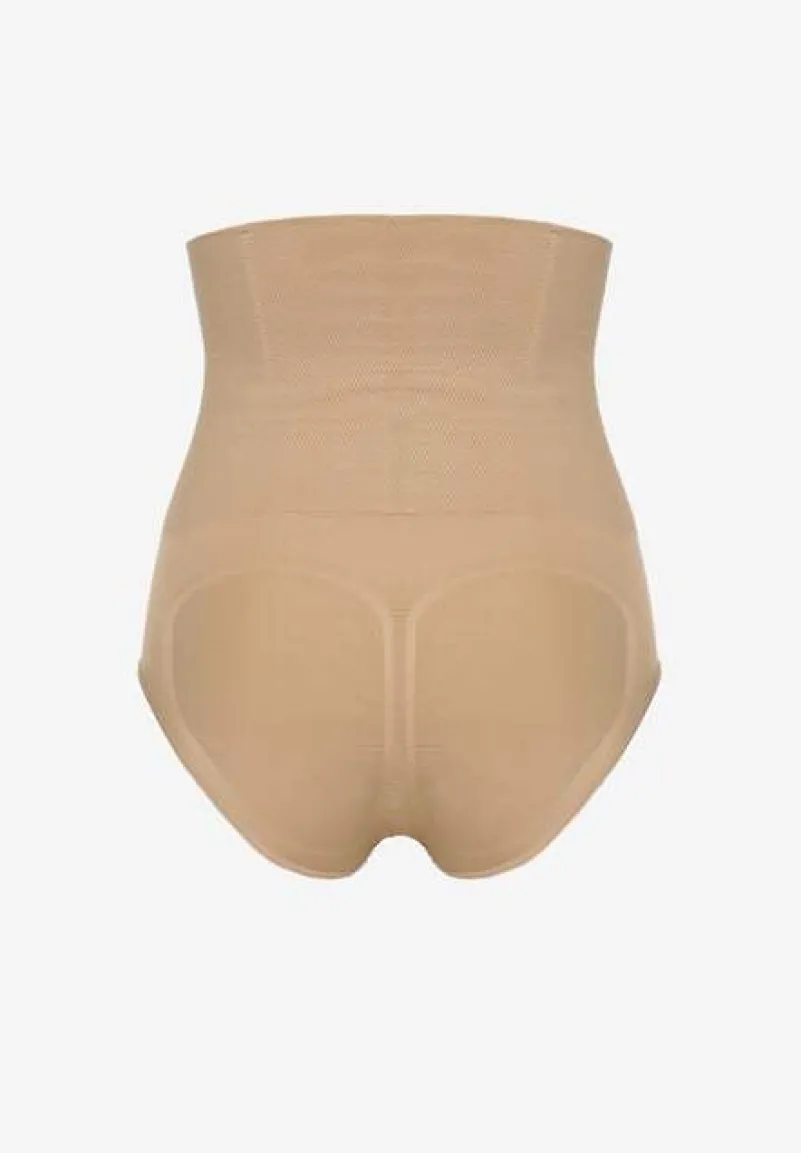 Beżowa Bielizna Modelująca Majtki Typu Figi z Wysoką Gumką w Pasie Elliane