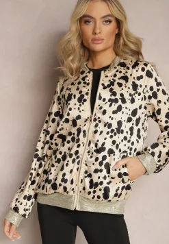 Beżowa Bluza Bomberka Zapinana na Suwak w Kropki z Metalicznymi Wykończeniami Venicorre