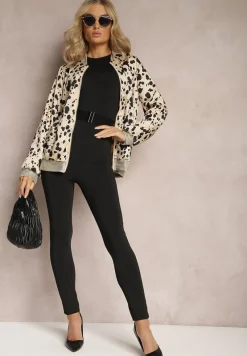 Beżowa Bluza Bomberka Zapinana na Suwak w Kropki z Metalicznymi Wykończeniami Venicorre