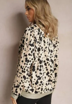 Beżowa Bluza Bomberka Zapinana na Suwak w Kropki z Metalicznymi Wykończeniami Venicorre