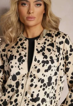 Beżowa Bluza Bomberka Zapinana na Suwak w Kropki z Metalicznymi Wykończeniami Venicorre