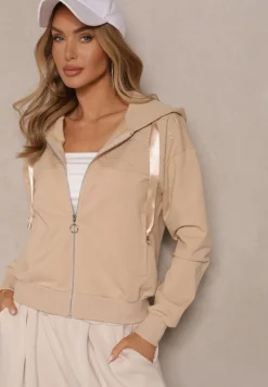 Beżowa Bluza Rozpinana z Kapturem Bawełną Ozdobiona Cyrkoniami Ulianira