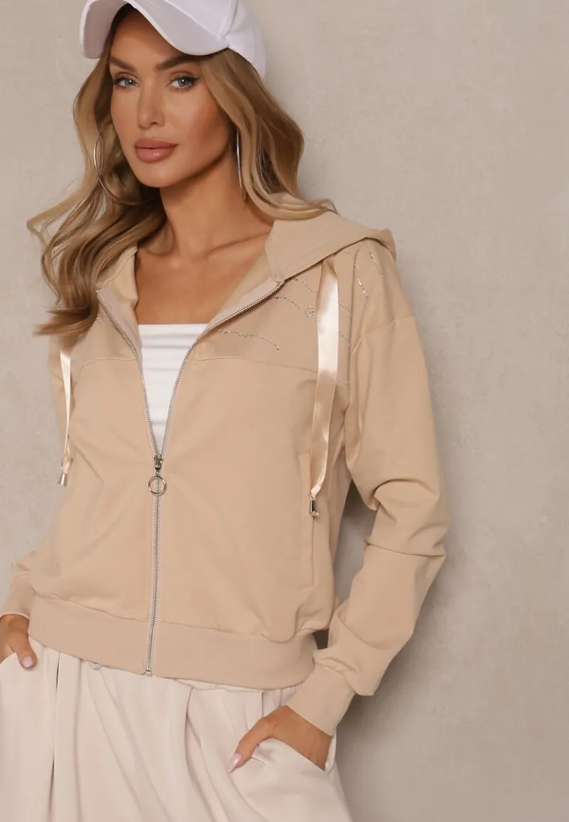 Beżowa Bluza Rozpinana z Kapturem Bawełną Ozdobiona Cyrkoniami Ulianira