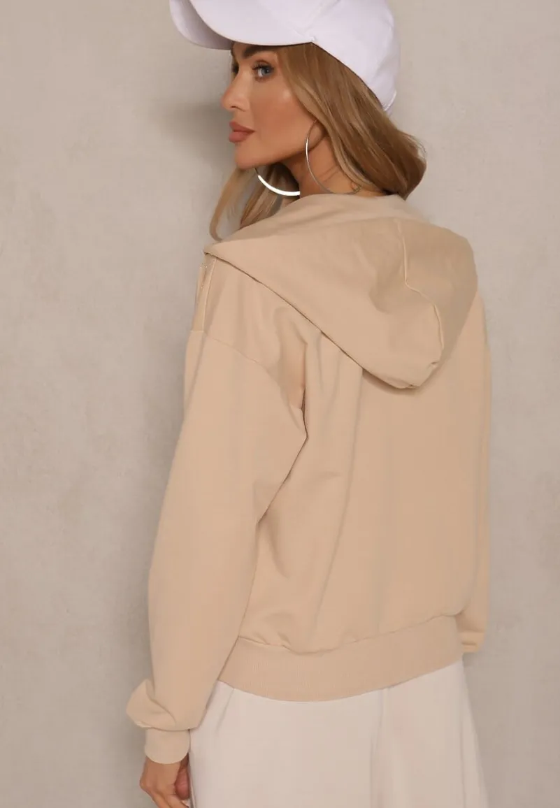 Beżowa Bluza Rozpinana z Kapturem Bawełną Ozdobiona Cyrkoniami Ulianira