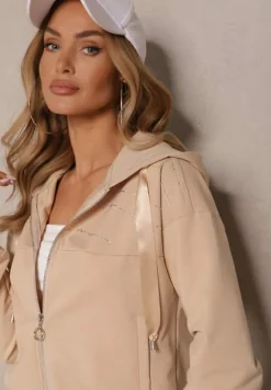 Beżowa Bluza Rozpinana z Kapturem Bawełną Ozdobiona Cyrkoniami Ulianira