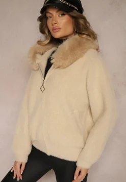 Beżowa Bluza Rozpinana z Wełną i Wiskozą Ozdobiona Futerkiem Vesalttia