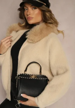 Beżowa Bluza Rozpinana z Wełną i Wiskozą Ozdobiona Futerkiem Vesalttia