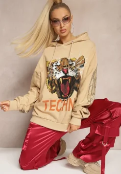 Beżowa Bluza z Bawełny z Kapturem Ozdobiona Cyrkoniami i Nadrukiem Eridale