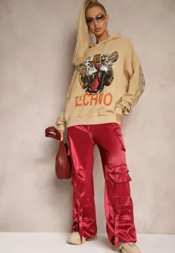 Beżowa Bluza z Bawełny z Kapturem Ozdobiona Cyrkoniami i Nadrukiem Eridale