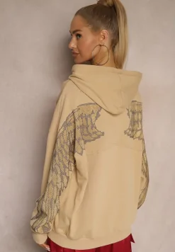 Beżowa Bluza z Bawełny z Kapturem Ozdobiona Cyrkoniami i Nadrukiem Eridale
