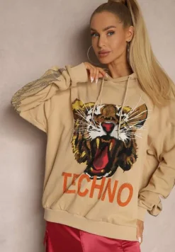 Beżowa Bluza z Bawełny z Kapturem Ozdobiona Cyrkoniami i Nadrukiem Eridale