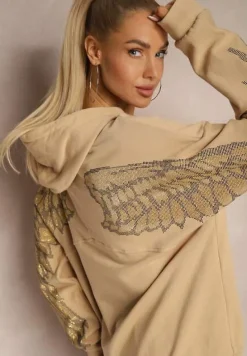 Beżowa Bluza z Bawełny z Kapturem Ozdobiona Cyrkoniami i Nadrukiem Eridale