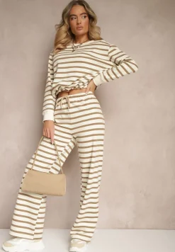 Beżowa Bluza z Bawełny z Motywem Pasków i Ściągaczem Fenarel