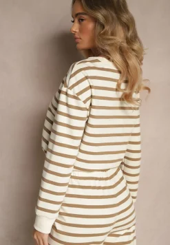 Beżowa Bluza z Bawełny z Motywem Pasków i Ściągaczem Fenarel