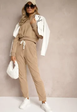 Beżowa Bluza z Kapturem i Bawełną Ozdobiona Ściągaczami Evianae