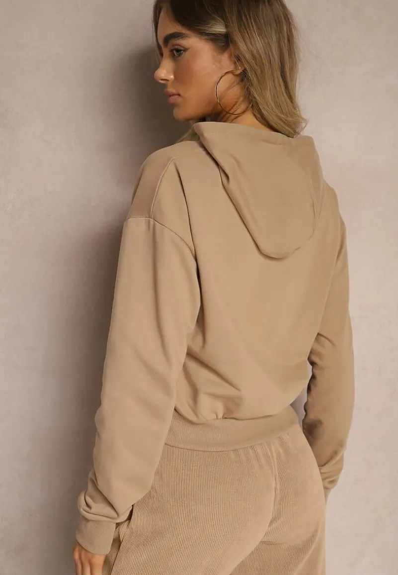 Beżowa Bluza z Kapturem i Bawełną Ozdobiona Ściągaczami Evianae