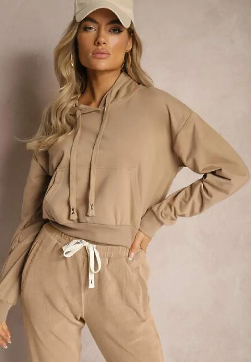 Beżowa Bluza z Kapturem i Bawełną Ozdobiona Ściągaczami Evianae