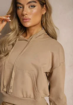 Beżowa Bluza z Kapturem i Bawełną Ozdobiona Ściągaczami Evianae